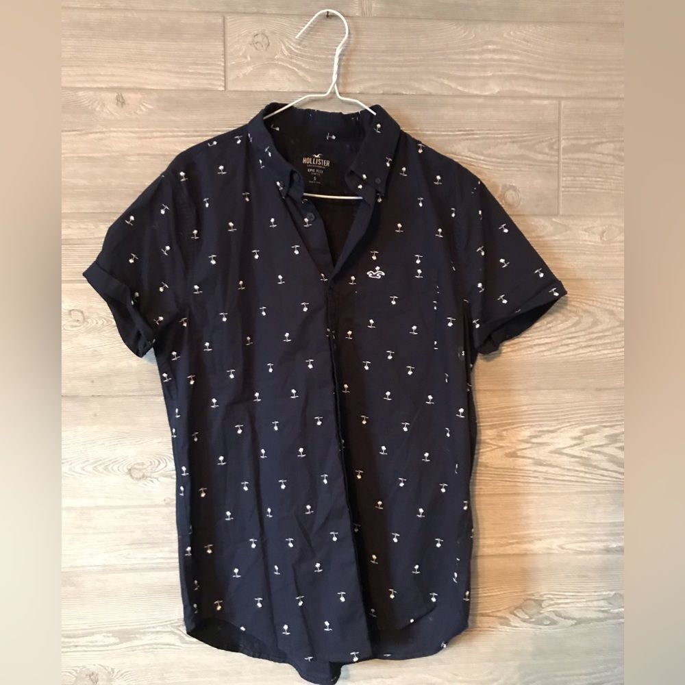 Hollister shortsleeve dress shirt navy palm trees‎ size small epic flex